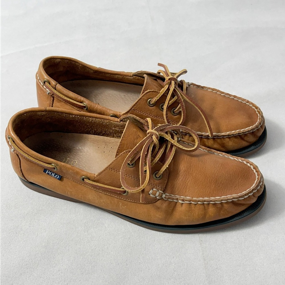 Polo Ralph Lauren Bienne Leather Boat Shoes Men 11 Tan Rawhide Casual Loafers